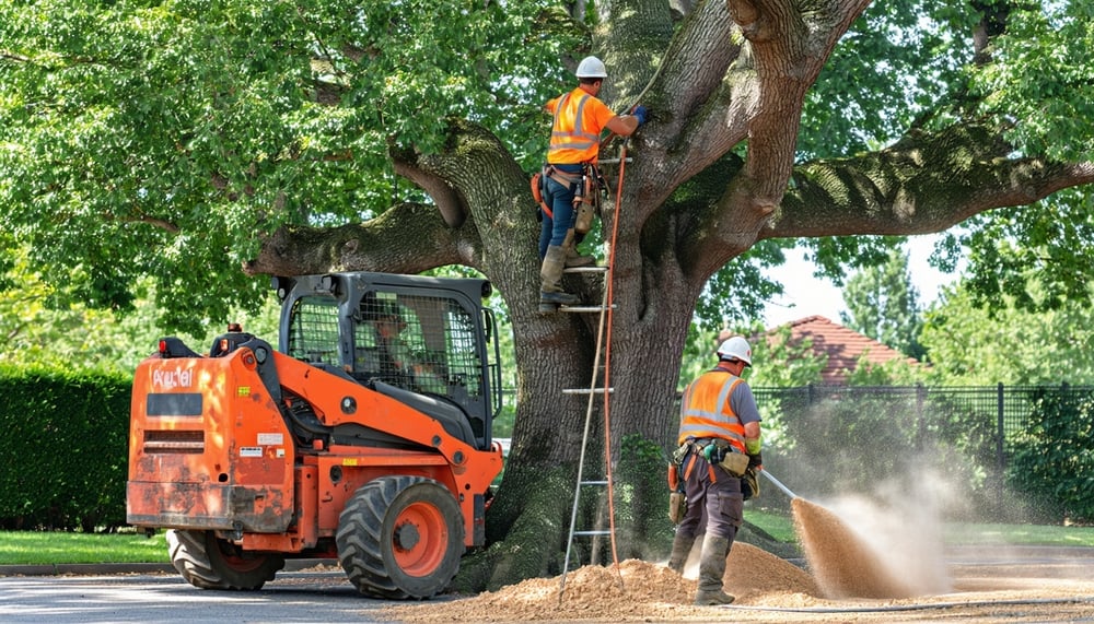 Arborists safely trimming a large tree in a residential garden Arborists safely trimming a large tree in a residential garden